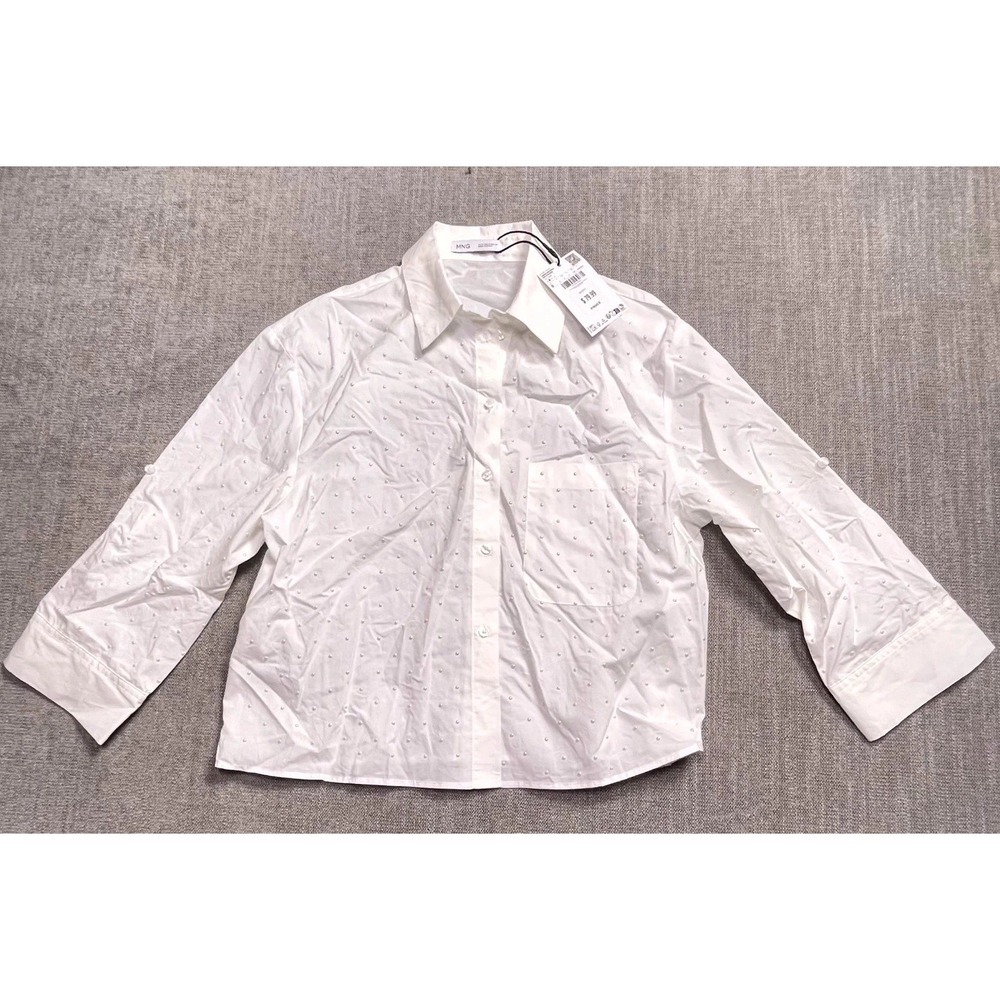 Mango Rhinestone Shirt Womens Small White Chest Pocket Long Sleeve Button Up